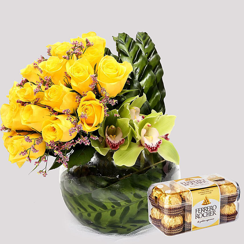 Ferrero Rocher Box and Yellow Rose Grace: Flowers N Chocolates 
