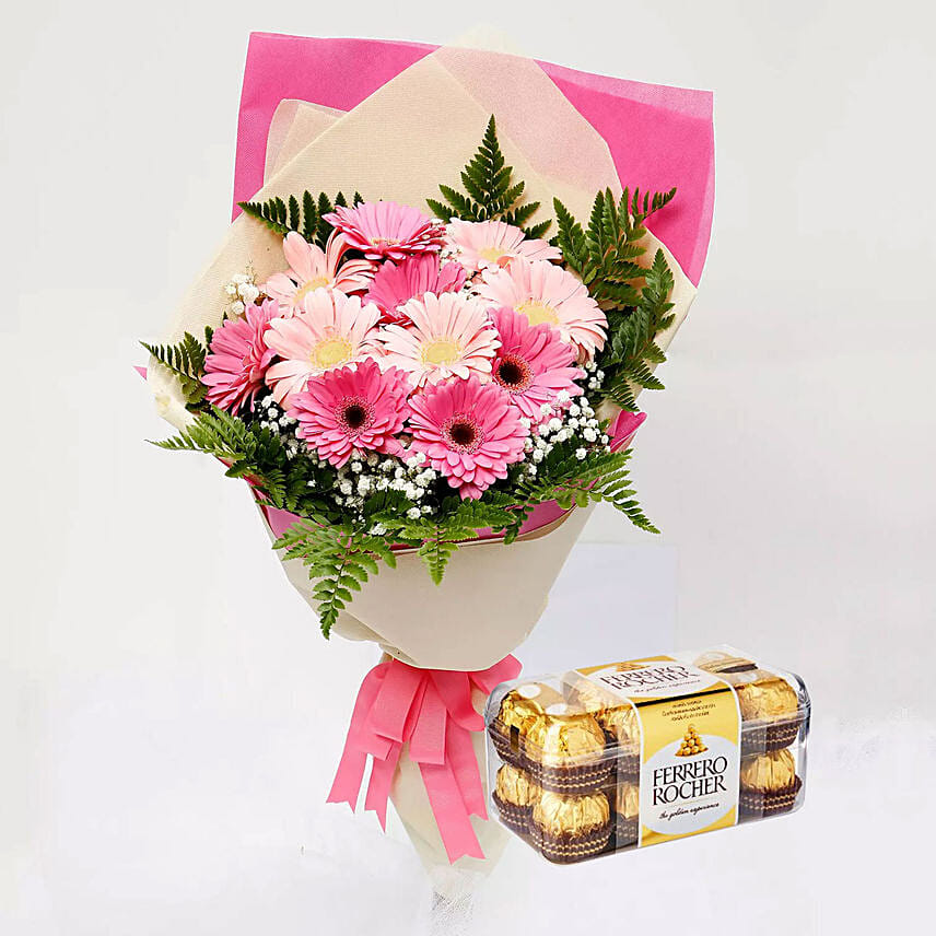 Ferrero Rocher Chocolates and Pink Gerbera Bouquet: Flowers And Chocolates