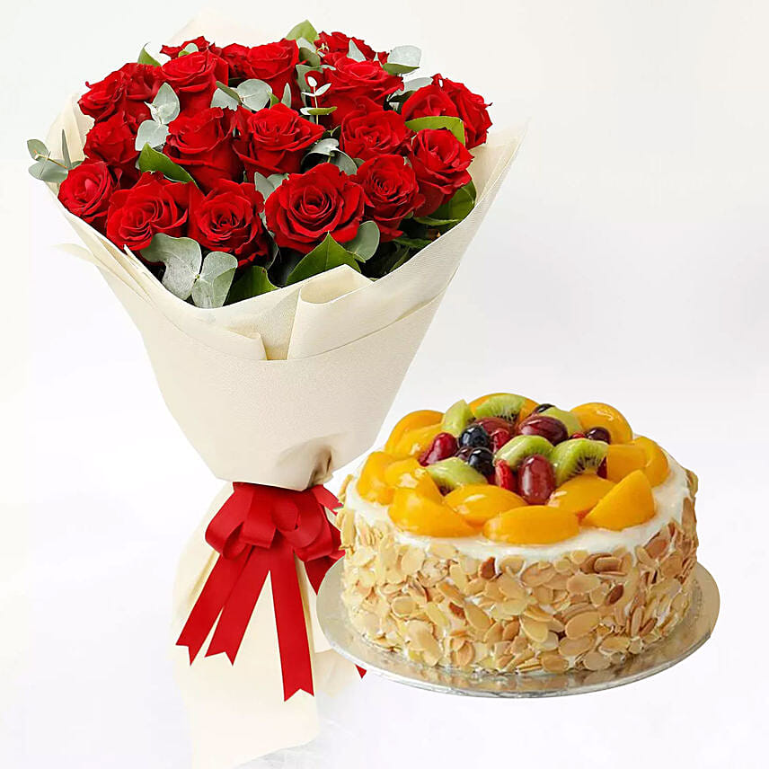 Fruit Cake and Red Rose Bouquet: Combo Gifts