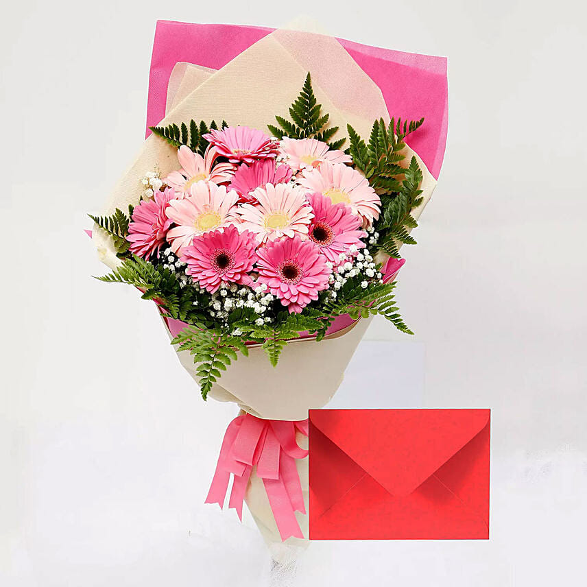 Greeting Card and Pink Gerbera Bouquet: Flowers & Greeting Cards 
