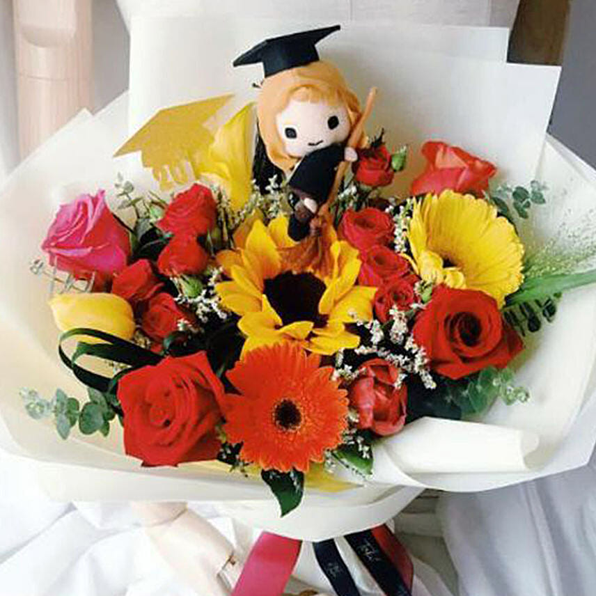 Colorful Flower Bouquet & Graduation Teddy: Graduation Gifts