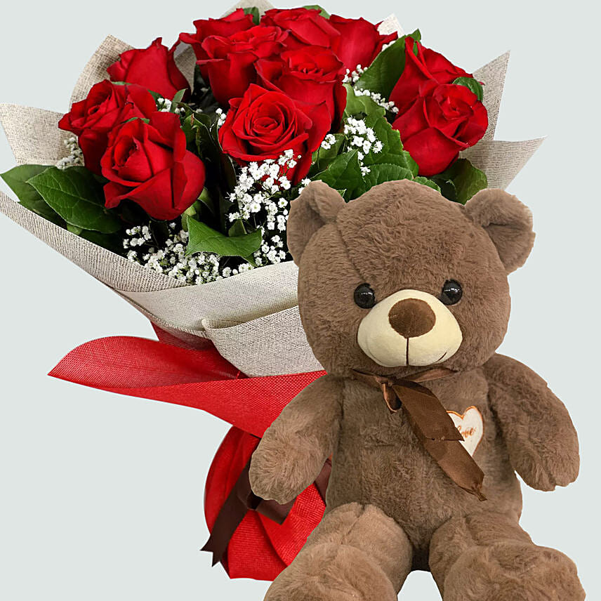12 Red Roses with Brown Teddy Bear: Plush Toys and Flowers