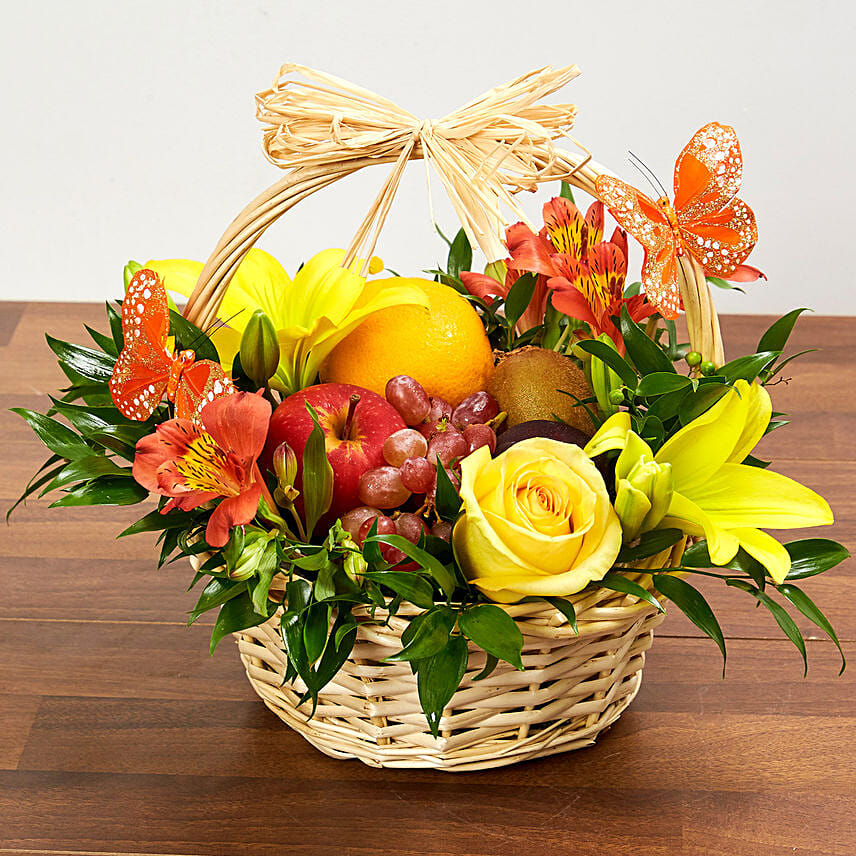 Basket Arrangement Of Fresh Flowers & Fruits: Chinese New Year Gifts