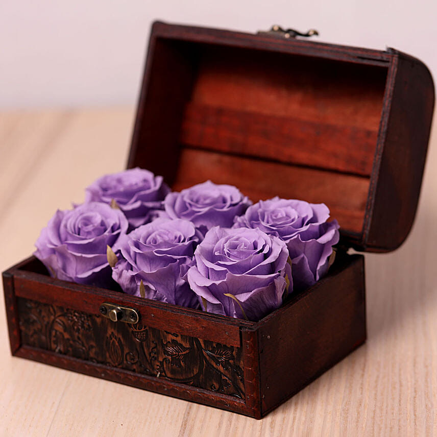 6 Purple Forever Roses in Treasure Box: Forever Roses