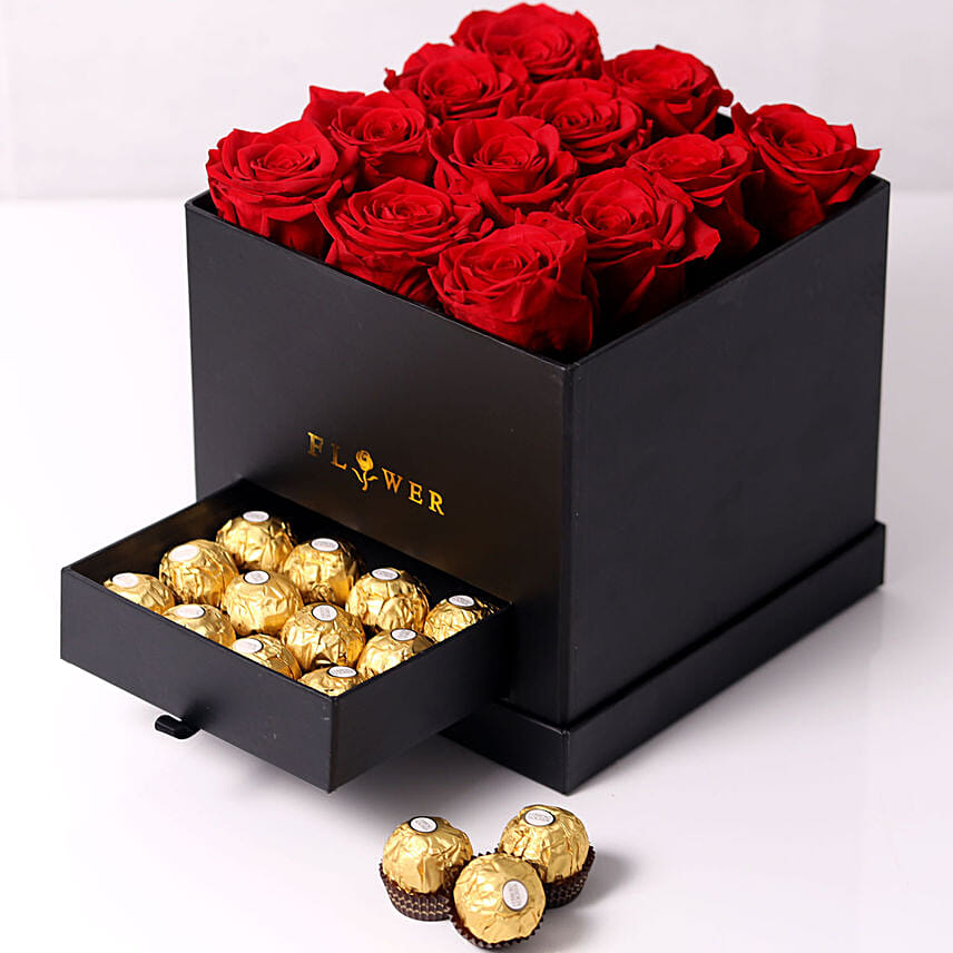 Forever Red Roses With Rochers In Box: Personalised Anniversary Gifts