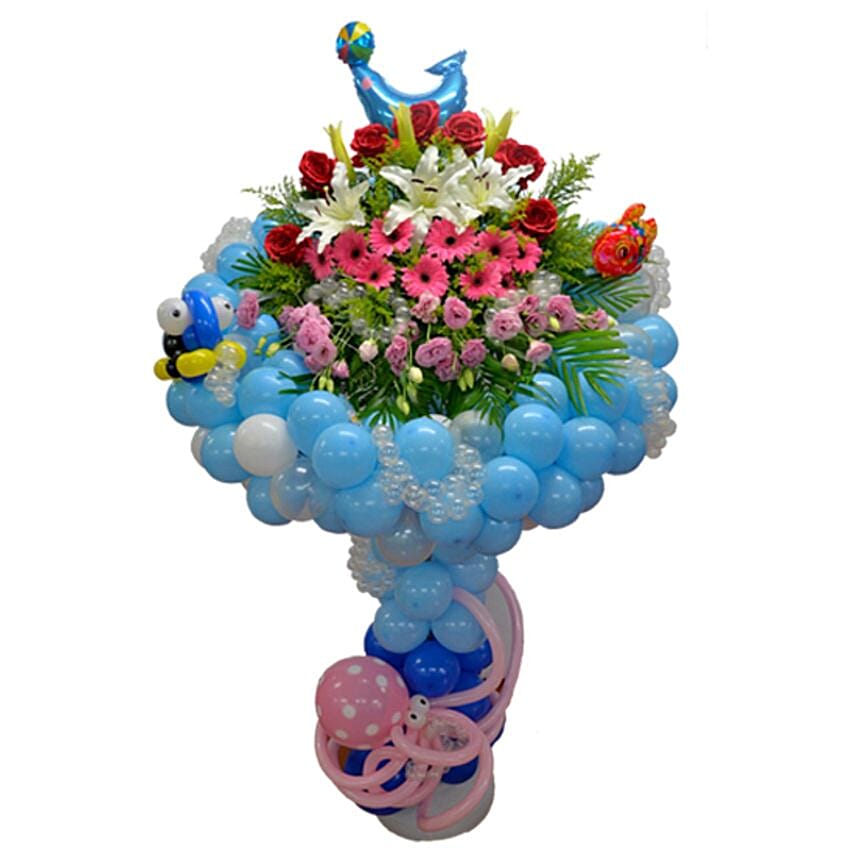 Blue Bouquet Stand Of Flower N Balloons: Party  Balloons