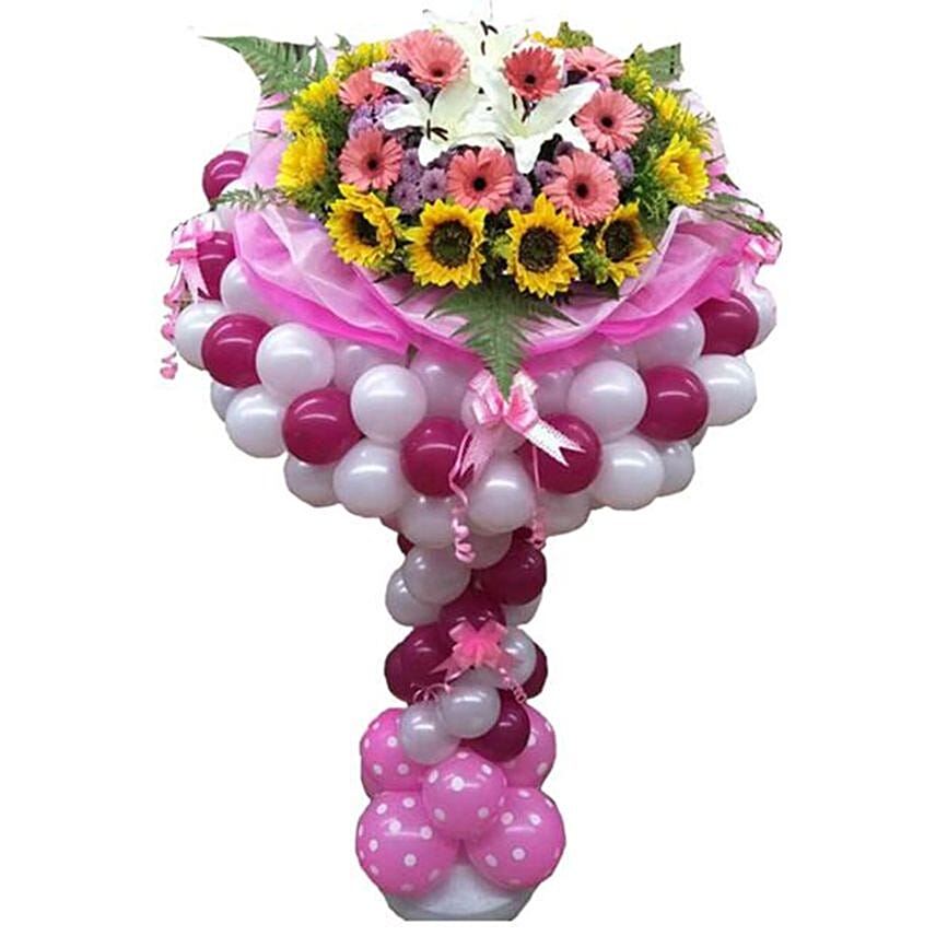 Colourful Bouquet Stand Of Flower N Balloons: Balloons Delivery 