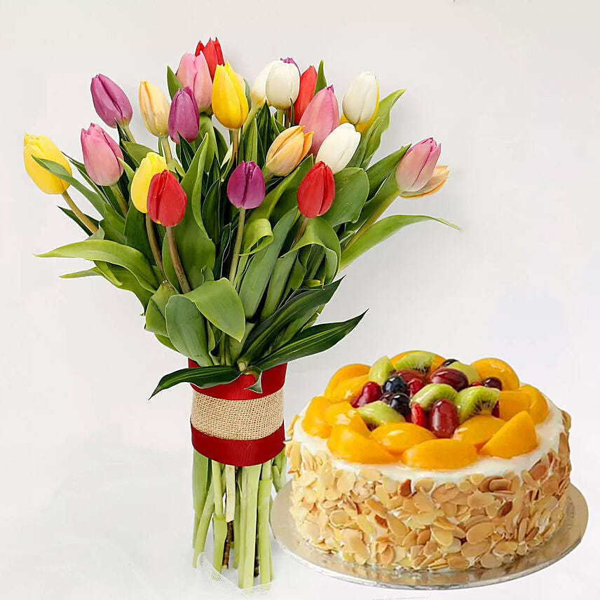 Colourful Tulips Bunch and Chocolate Cake: Flowers and Cake Delivery