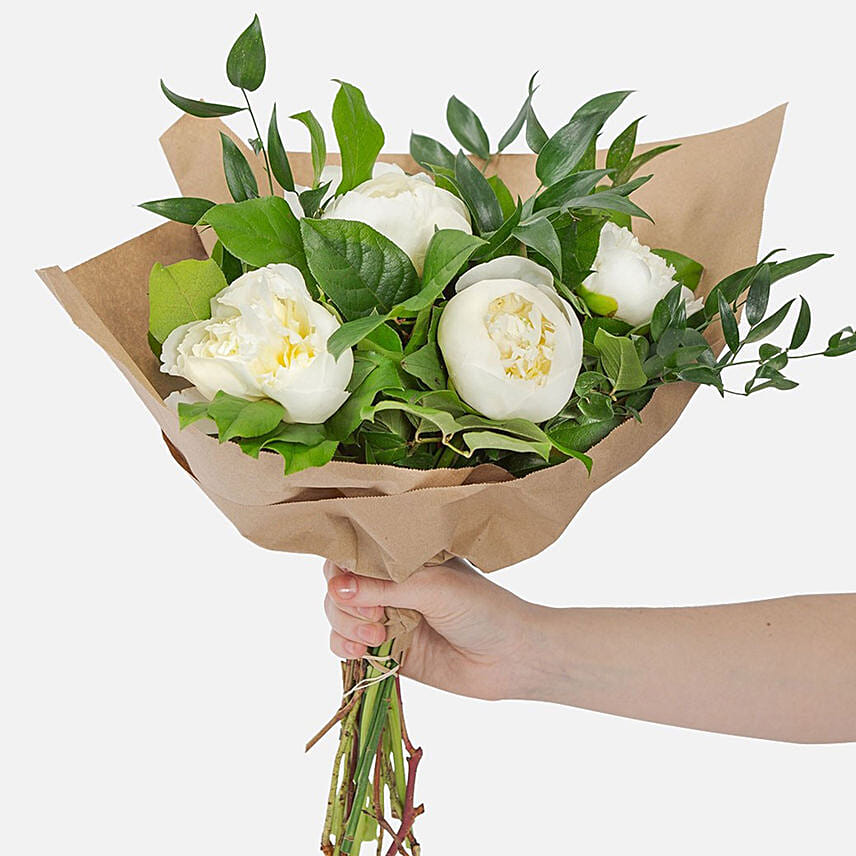 Elegant 5 White Peonies Bouquet: Mid Autumn Festival Gifts