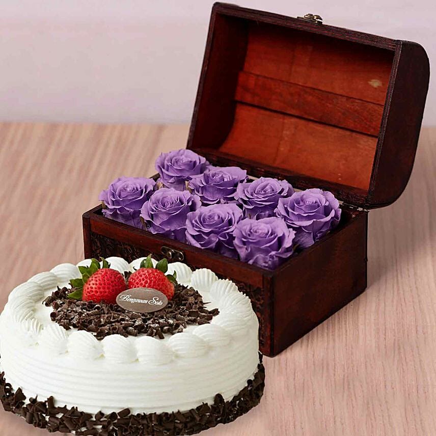 Black Forest Cake & 8 Purple Forever Roses in Treasure Box: Flowers With Cake 