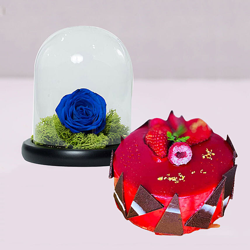 Elegant Blue Rose & Mini Cheese Cake: Preserved Roses