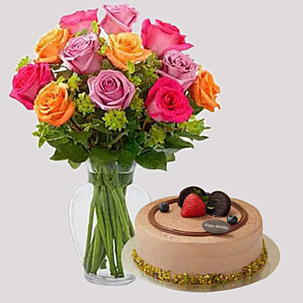 Bright Roses and Chocolate Cake Combo: Flowers and Cake Delivery