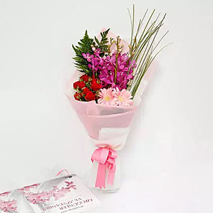 Beautiful Roses and Mokara Orchids Mixed Bouquet: Orchid Arrangements