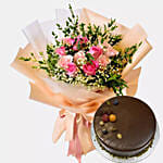 10 Roses Celebration Bouquet With Chocolate Cake