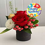 Box Of Roses With Rocher & Happy Birthday Balloon