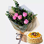 Bunch Of Pink Roses & Fruit Cake