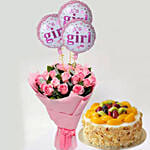 Bunch Of Pink Roses With Balloons & Fruit Cake