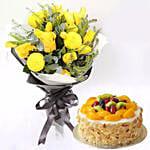 Bunch Of Roses and Tulips With Fruit Cake