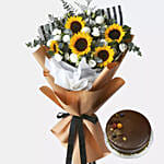 Bunch Of Sunflowers With Chocolate Cake