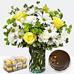 Flowers Vase With Choco Cake & Ferrero Rocher