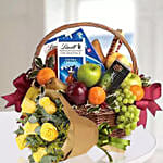 Fruits Basket Hamper With Roses Bouquet