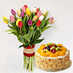 Colourful Tulips Bunch and Chocolate Cake