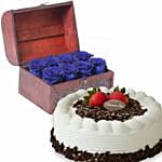 8 Blue Forever Roses in Treasure Box & Black Forest Cake