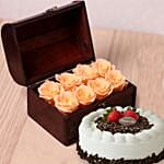 8 Peach Forever Roses in Treasure Box & Black Forest Cake