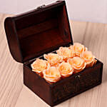 8 Peach Forever Roses in Treasure Box & Chocolate Cake