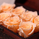 8 Peach Forever Roses in Treasure Box & Chocolate Cake