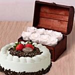 8 White Forever Roses in Treasure Box & Black Forest Cake