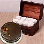 8 White Forever Roses in Treasure Box & Chocolate Cake