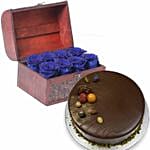Chocolate Cake & 8 Blue Forever Roses in Treasure Box