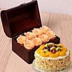 Fruit Cake & 8 Peach Forever Roses in Treasure Box