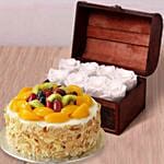 Fruit Cake & 8 White Forever Roses in Treasure Box
