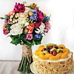 Colourful Flower Bunch & Fruit Cake