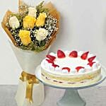 Happy Roses Bouquet & Fresh Strawberry Cake